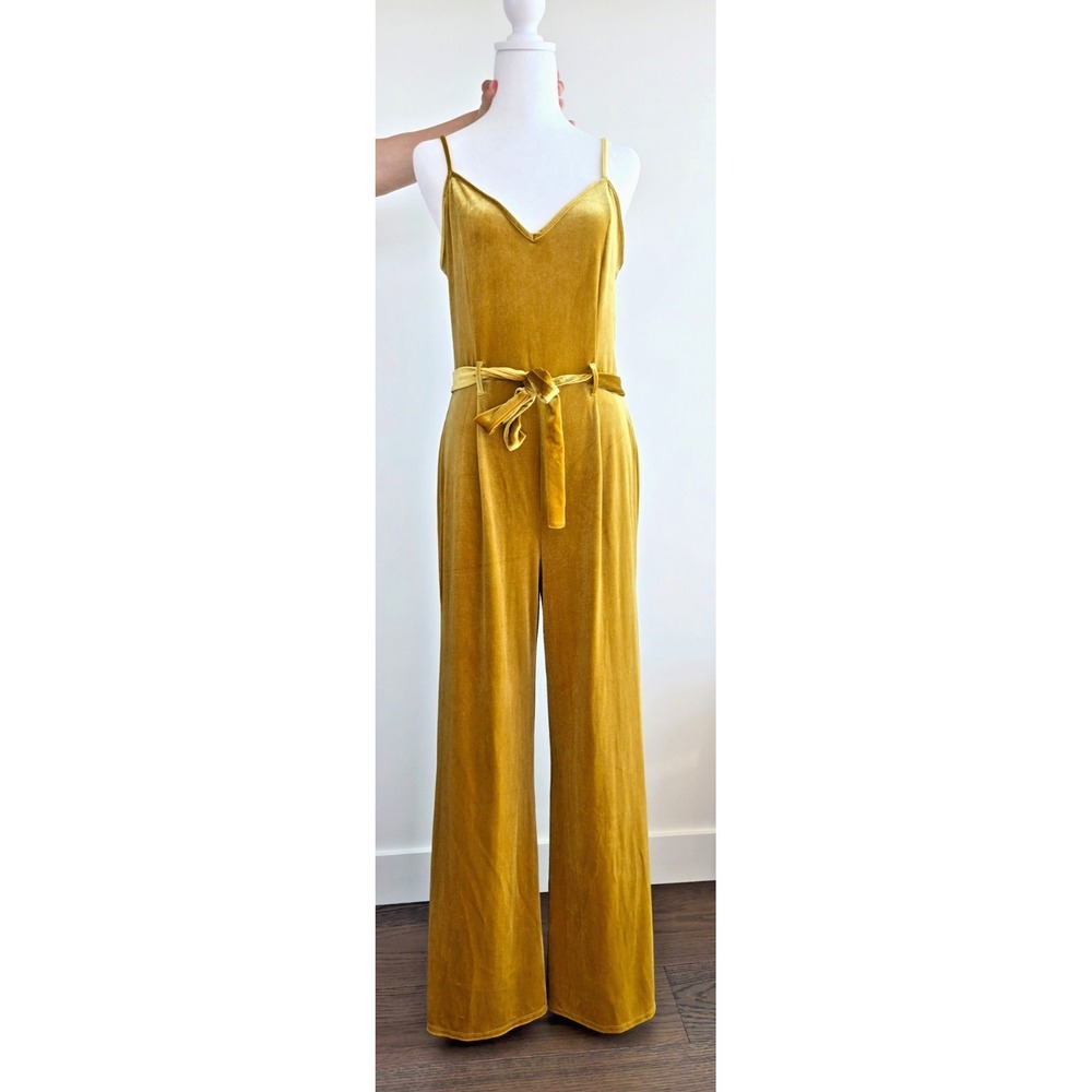 Vtg Forever 21 Romper Waist Tie One Piece Mustard Yellow Velour Highrise Wideleg